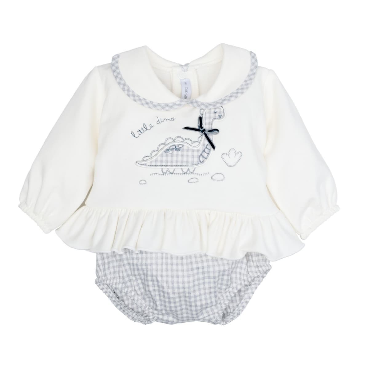 Conjunto para bebé niña con sudadera crudo con volante, dinosaurio y pololo de cuadros Calamaro Foz 621111367 (Modelo 11367)