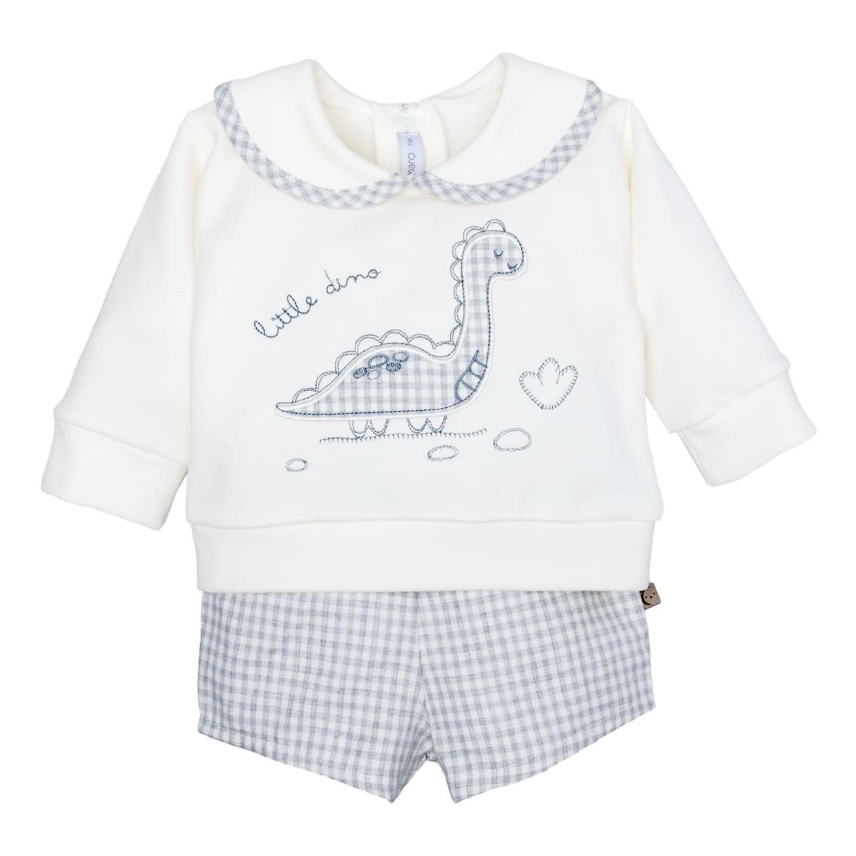 Conjunto para bebé niño con sudadera crudo bordado dinosaurio y pololo vichy Calamaro Foz 621111368 (Modelo 11368)