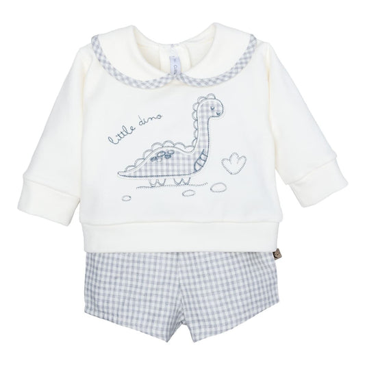 Conjunto para bebé niño con sudadera crudo bordado dinosaurio y pololo vichy Calamaro Foz 621111368 (Modelo 11368)