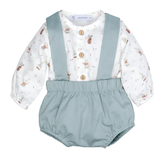 Conjunto para bebé niño con camisa estampada y pololo con tirantes verde empolvado Calamaro Arosa 621111374 (Modelo 11374)