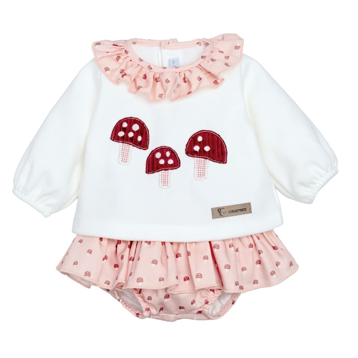 Conjunto para bebé niña de sudadera crudo con setas y pololo con volante Calamaro Caldas 621111381 (Modelo 11381)