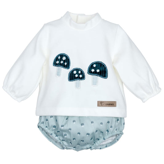 Conjunto para bebé niño de sudadera blanca con setas y pololo verde agua Calamaro Caldas 621111382 (Modelo 11382)