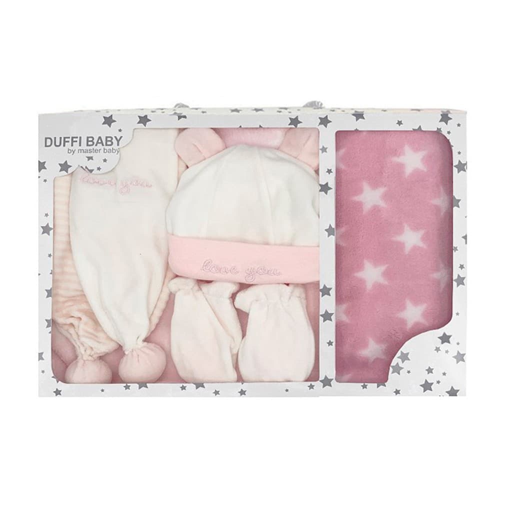 Estuche de bebé con gorro, manoplas, bufanda y manta Duffi Baby 1426– Conjunto cálido y suave ideal para regalo