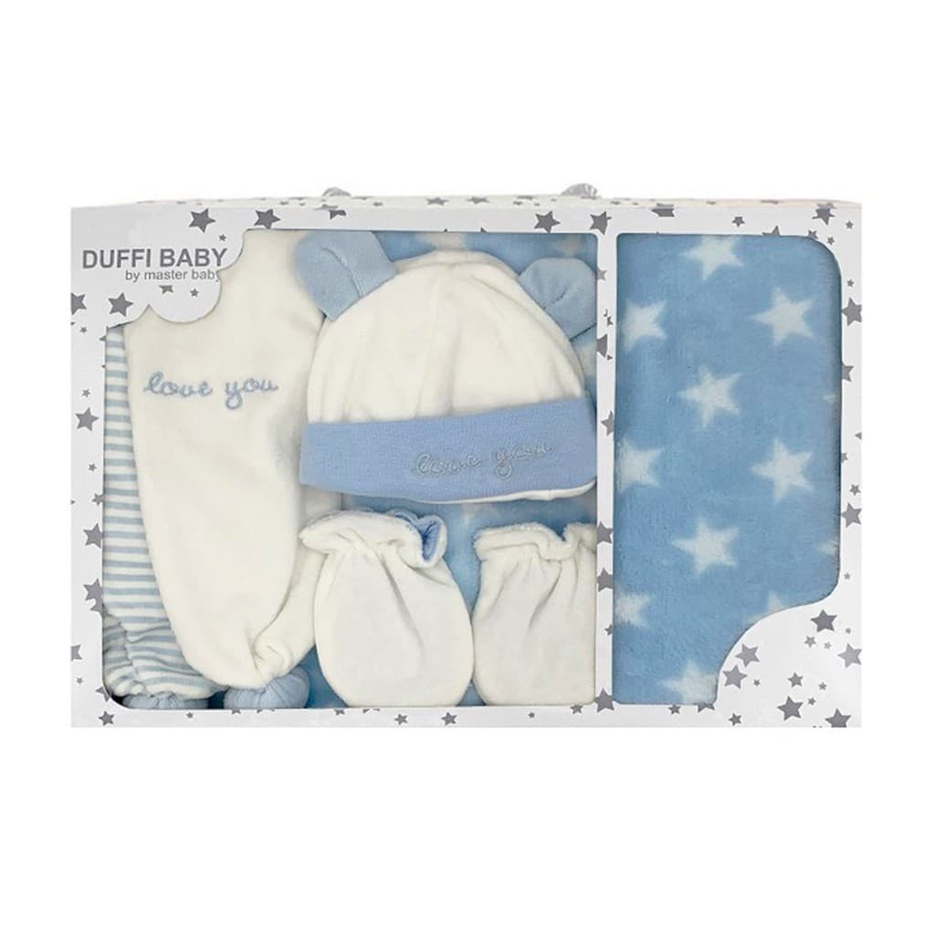 Estuche de bebé con gorro, manoplas, bufanda y manta Duffi Baby 1426– Conjunto cálido y suave ideal para regalo