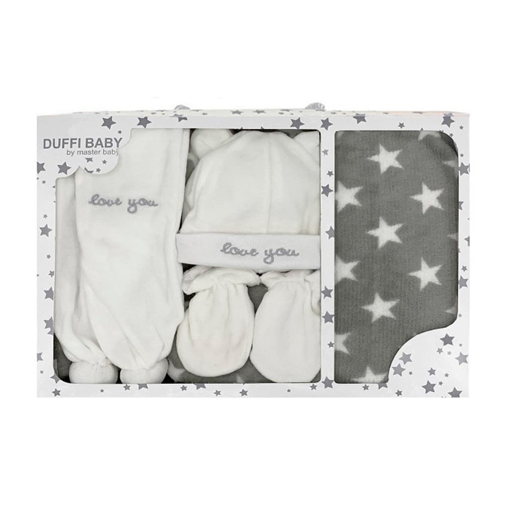 Estuche de bebé con gorro, manoplas, bufanda y manta Duffi Baby 1426– Conjunto cálido y suave ideal para regalo