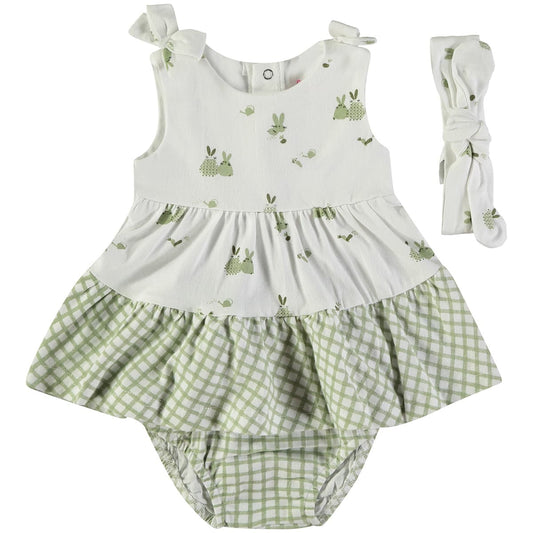 Vestido conejitos para bebé de algodón con braguita y diadema Babybol 160050