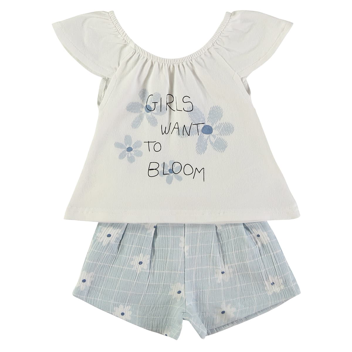 Conjunto bebé de verano con camiseta y pantalón corto flores cuadros Babybol 161044