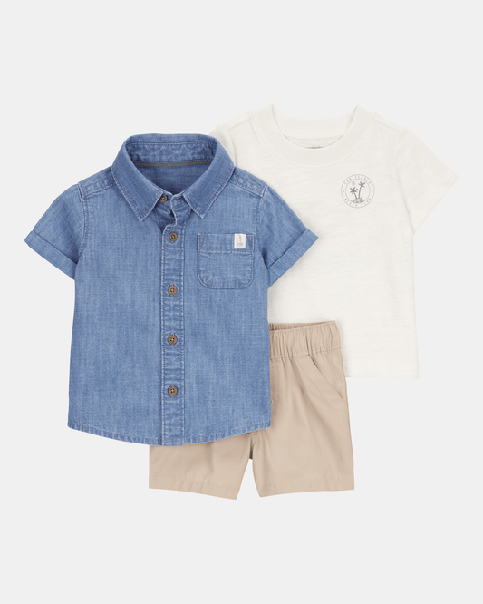 Conjunto tres piezas de algodón, pantalón corto, camisa y camiseta, diseño tropical
