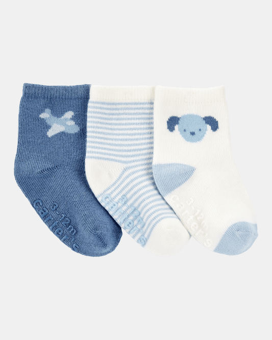 Pack 3 calcetines en azul con rayas y estampados