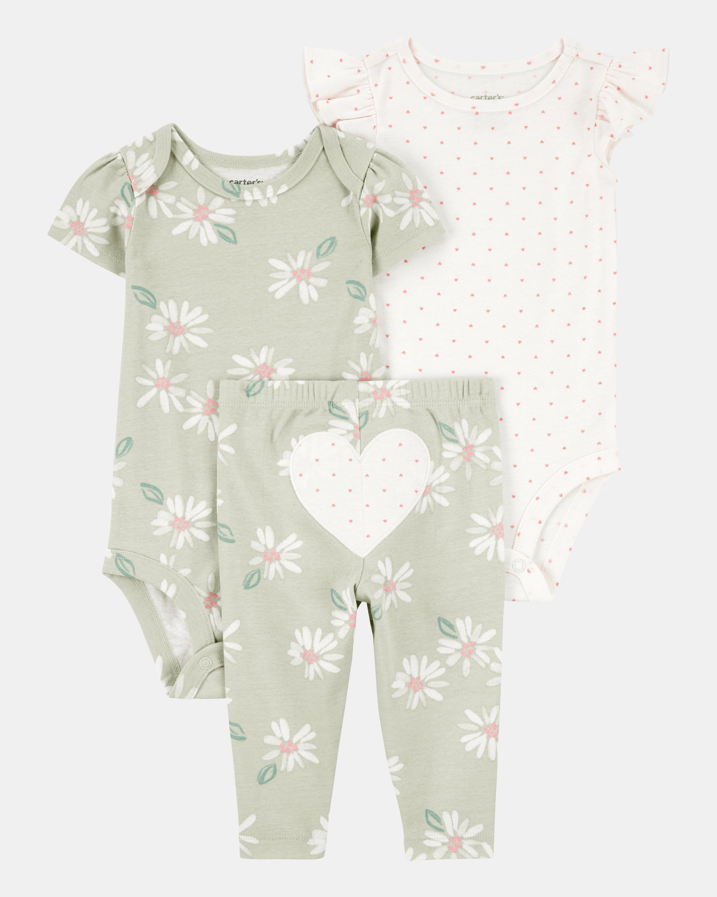 Conjunto tres piezas algodón pantalón y dos bodies diseño corazones