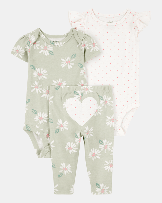 Conjunto tres piezas algodón pantalón y dos bodies diseño corazones