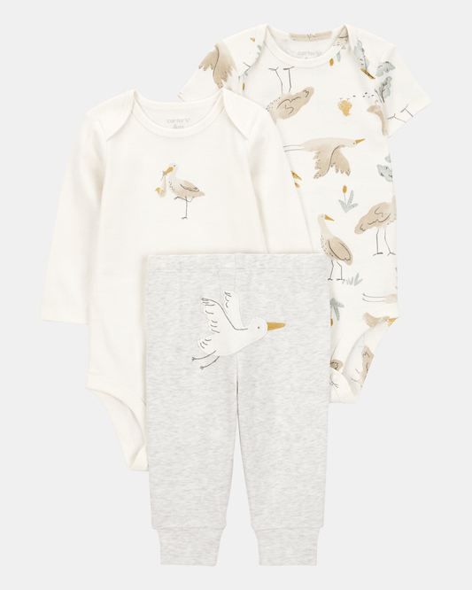Conjunto tres piezas algodón pantalón y dos bodies diseño aves