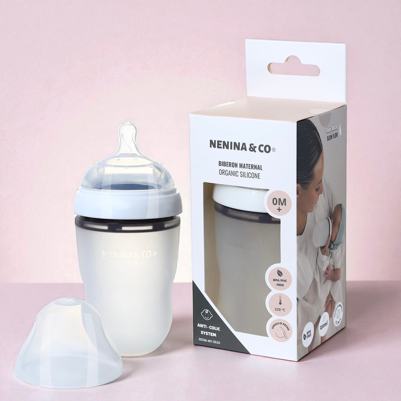 Pack Biberon Blanco flujo lento + Chupete Clásico + 2 Chupeteros de algodon orgánico Nenina & Co