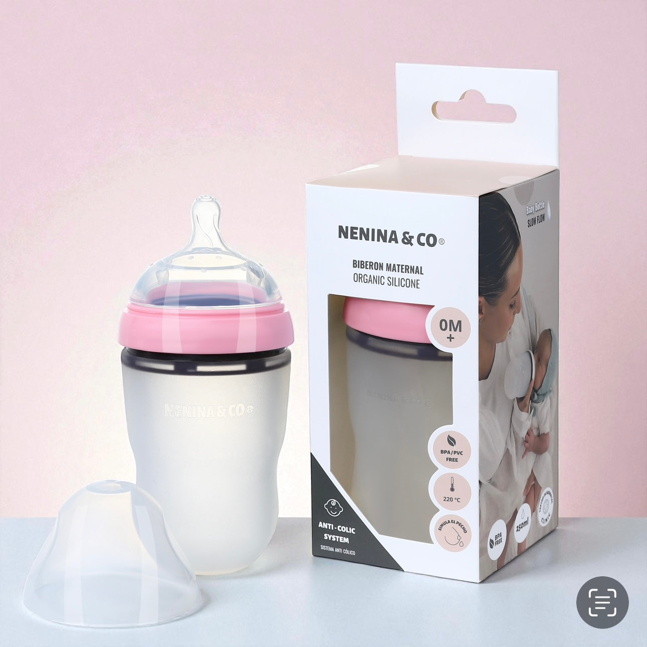 Pack Biberon flujo lento + Chupete Clásico Rosa Chicle Nenina & Co