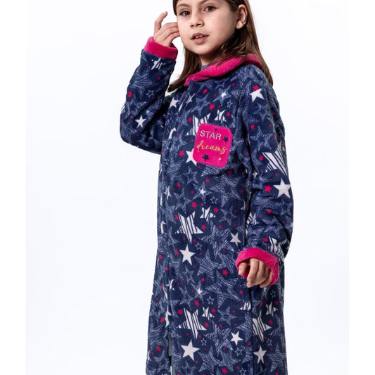 Robe de chambre pour jeune fille Nacarina 8134 KINANIT en corail doux avec imprimé étoiles