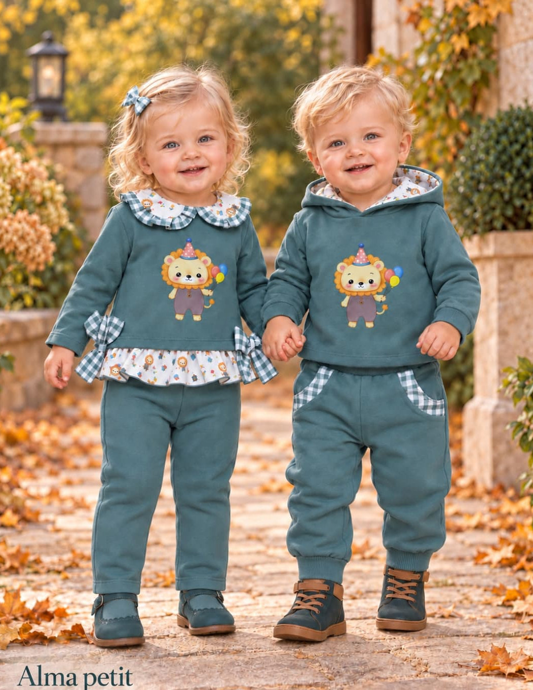 Chándal de bebé niña en verde azulado con sudadera de león y cuello bobo Alma Petit Referencia 622108022 (Modelo 8022)