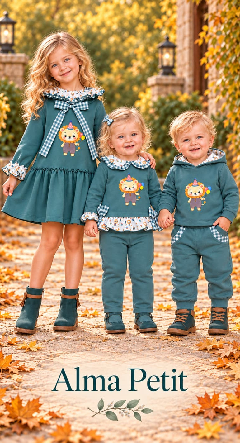 Chándal de bebé niña en verde azulado con sudadera de león y cuello bobo Alma Petit Referencia 622108022 (Modelo 8022)