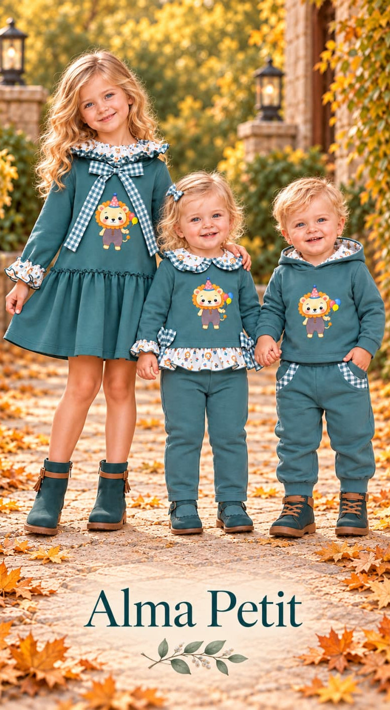Chándal de bebé niño verde azulado con sudadera con capucha de león y pantalón jogger Alma Petit Referencia 622108023 (Modelo 8023)