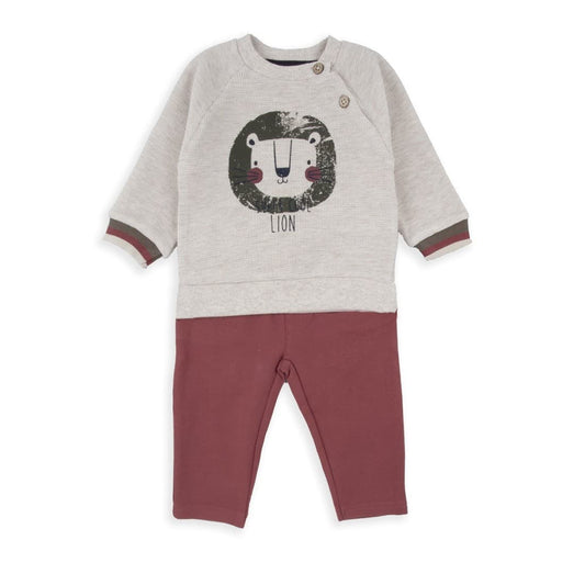 Conjunto bebé Babybol 522152100 Sudadera beige con estampado león y pantalón burdeos
