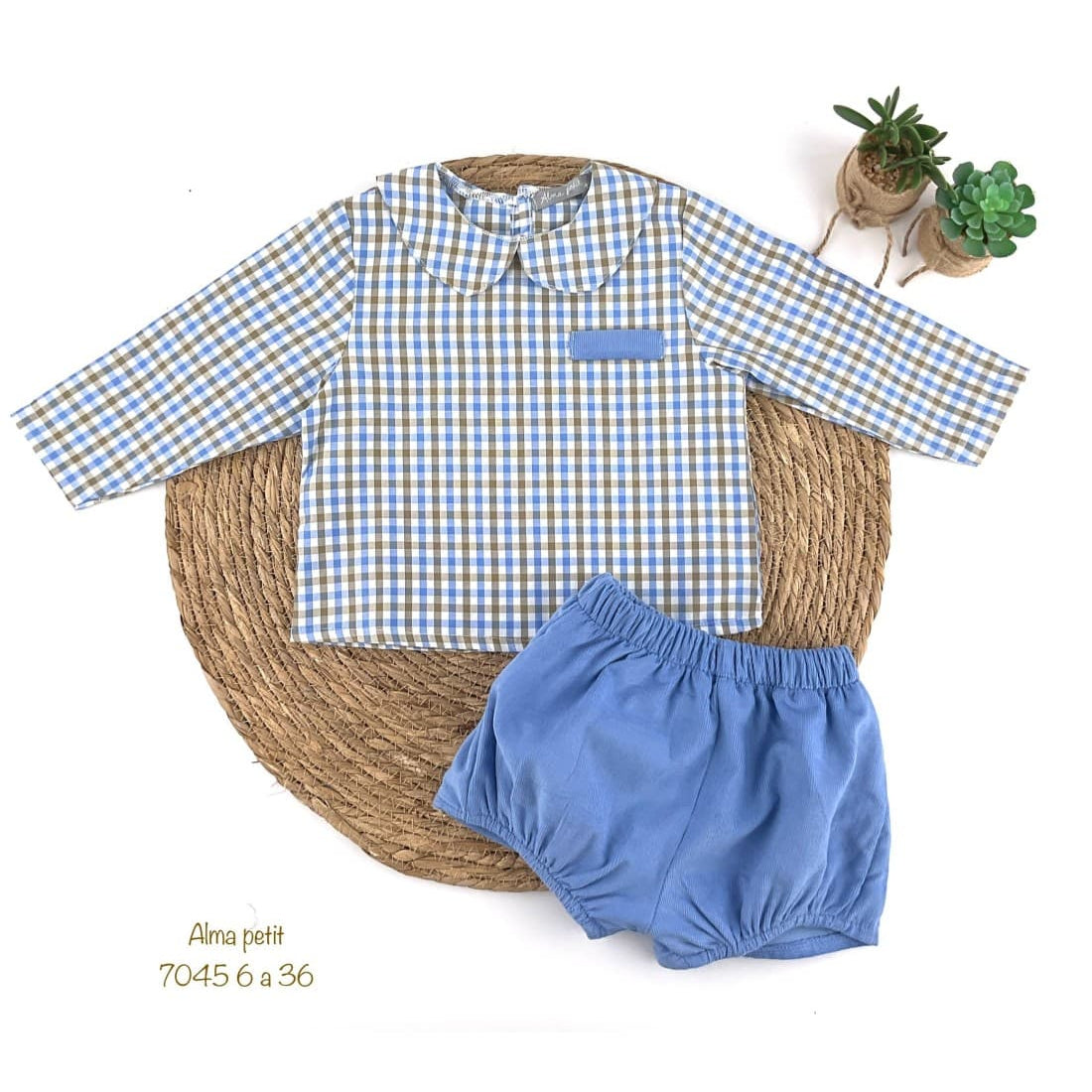 Conjunto bebé niño camisa de cuadros y culetín celeste Alma Petit 422107045