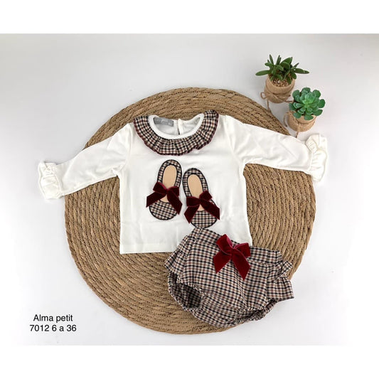 Alma Petit 522107006 Ensemble bébé fille Vichi Chemise blanche et culotte à carreaux marron 