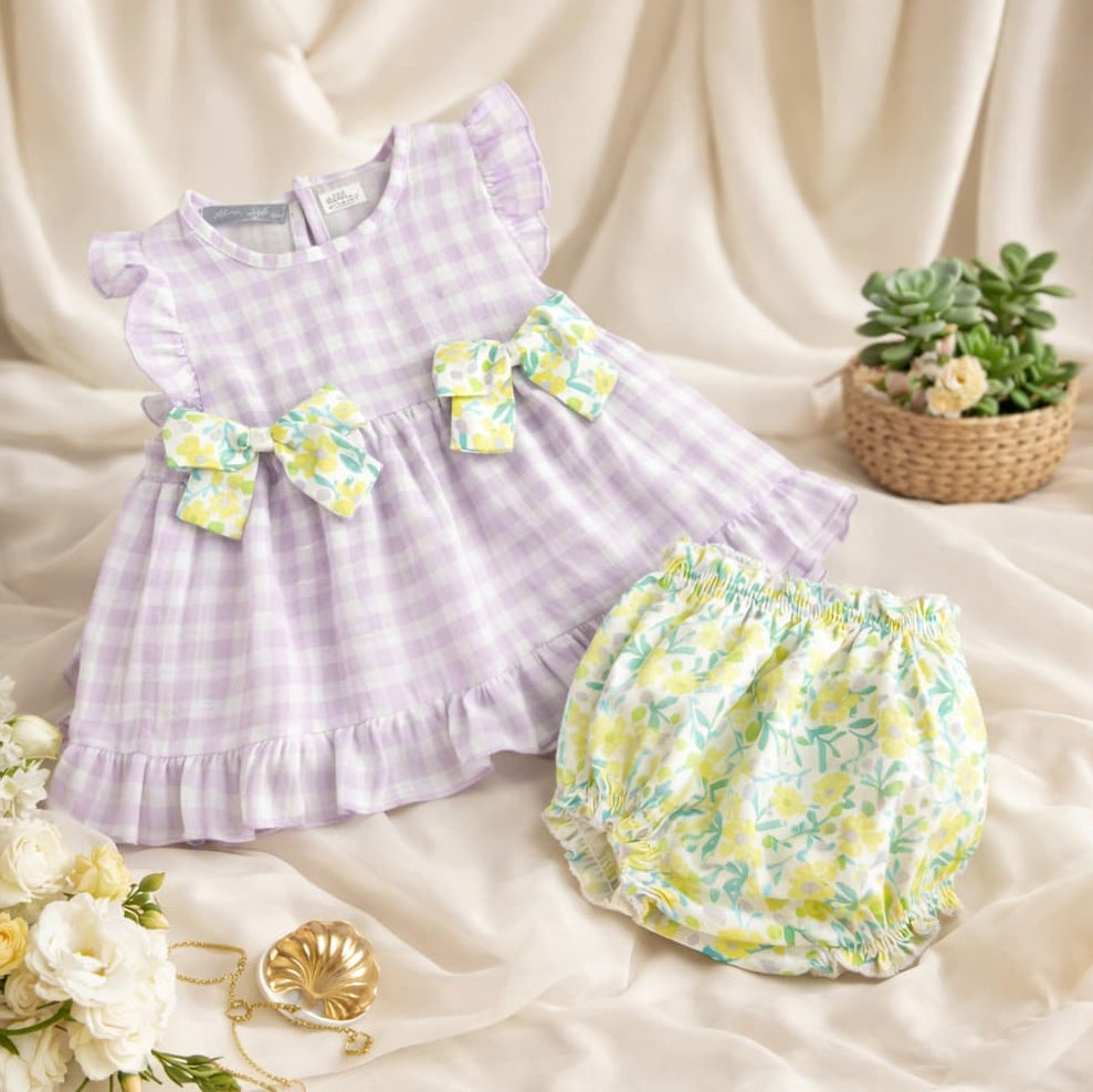 Conjunto bebé niña cuadros lila con lazos – Alma Petit 622005027