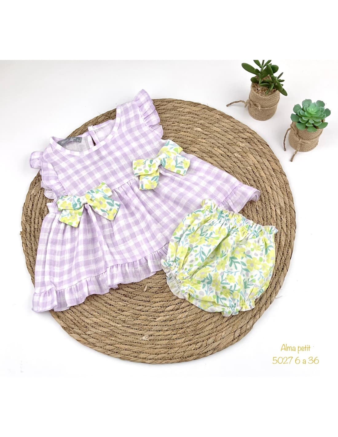 Conjunto bebé niña cuadros lila con lazos – Alma Petit 622005027