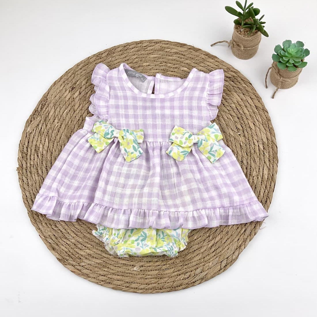 Conjunto bebé niña cuadros lila con lazos – Alma Petit 622005027