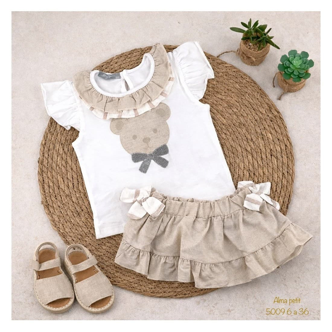 Conjunto bebé niña osito camiseta y falda con braguita – Alma Petit 622005009