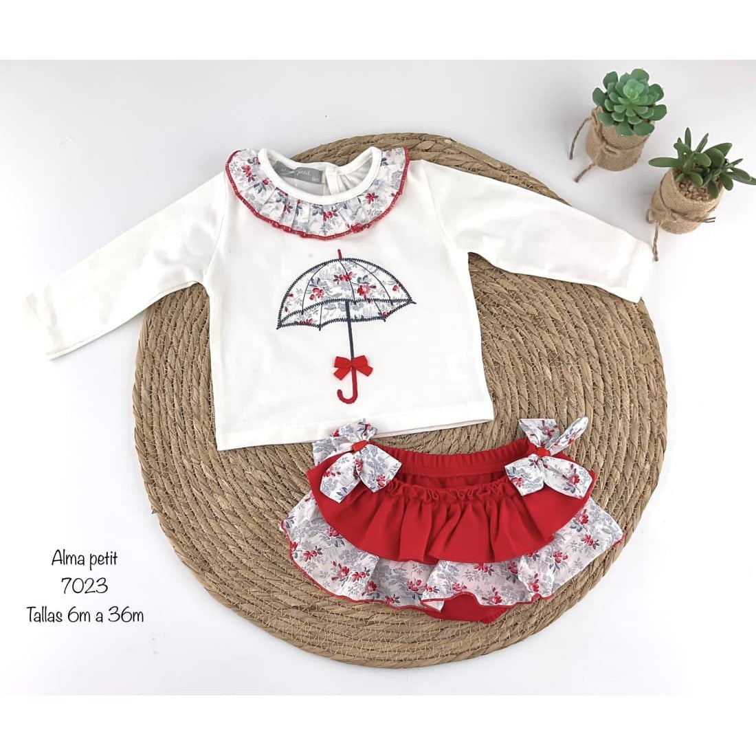 Alma Petit 522107023 Conjunto de guarda-chuva para bebé menina, t-shirt bordada e cuecas vermelhas com folhos 