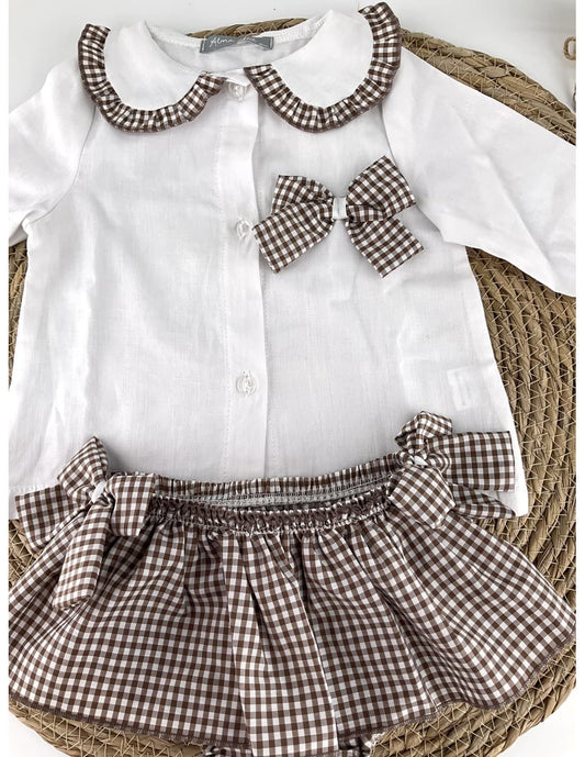 Alma Petit 522107006 Ensemble bébé fille Vichi Chemise blanche et culotte à volants à carreaux 