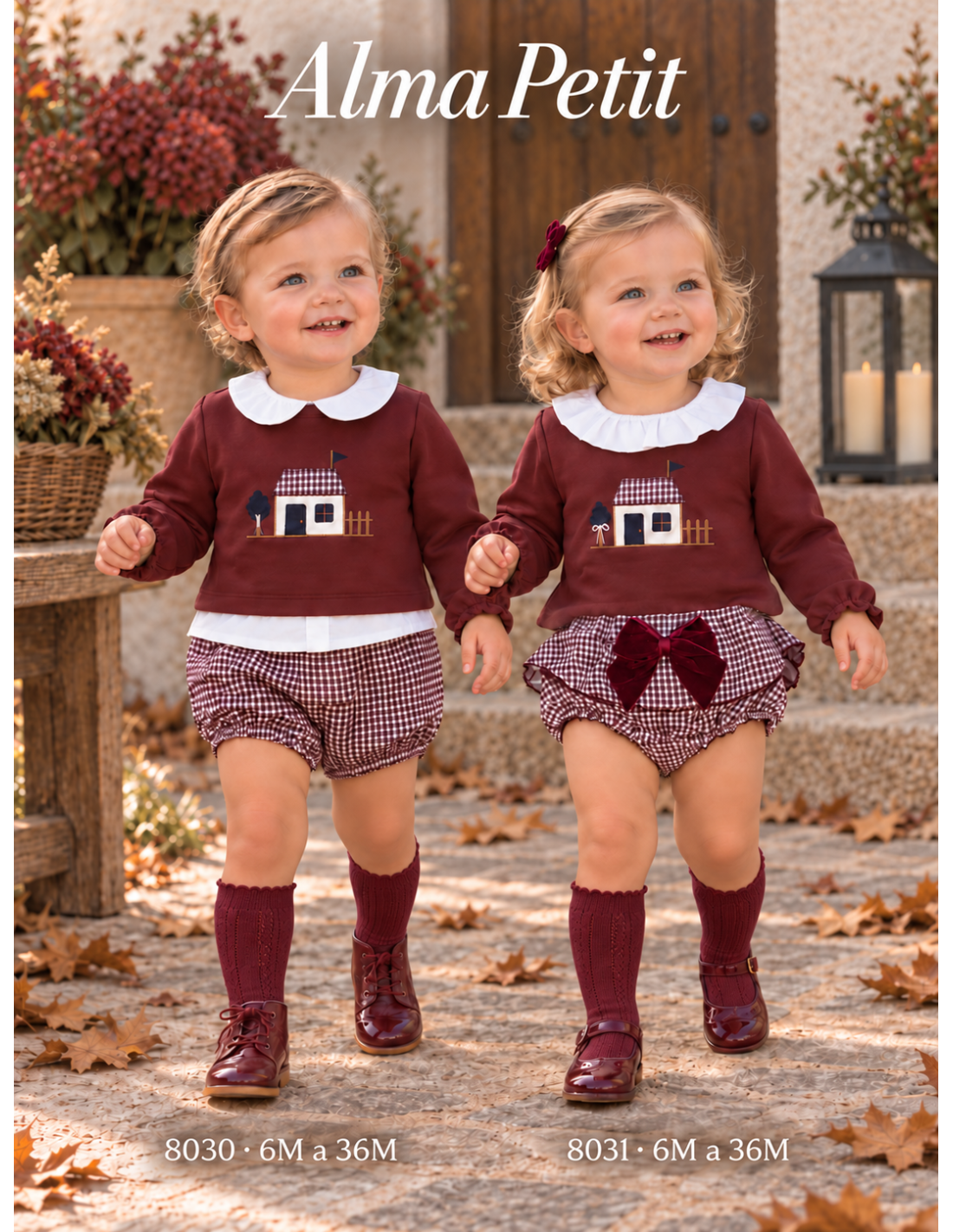 Conjunto de bebé niña con sudadera granate casita bordada y braguita falda vichy Alma Petit Referencia 622108031 (Modelo 8031)