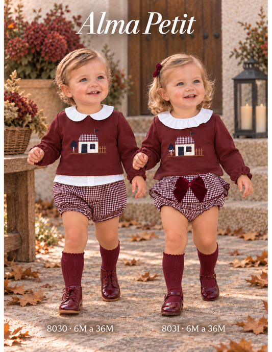 Conjunto de bebé niña con sudadera granate casita bordada y braguita falda vichy Alma Petit Referencia 622108031 (Modelo 8031)