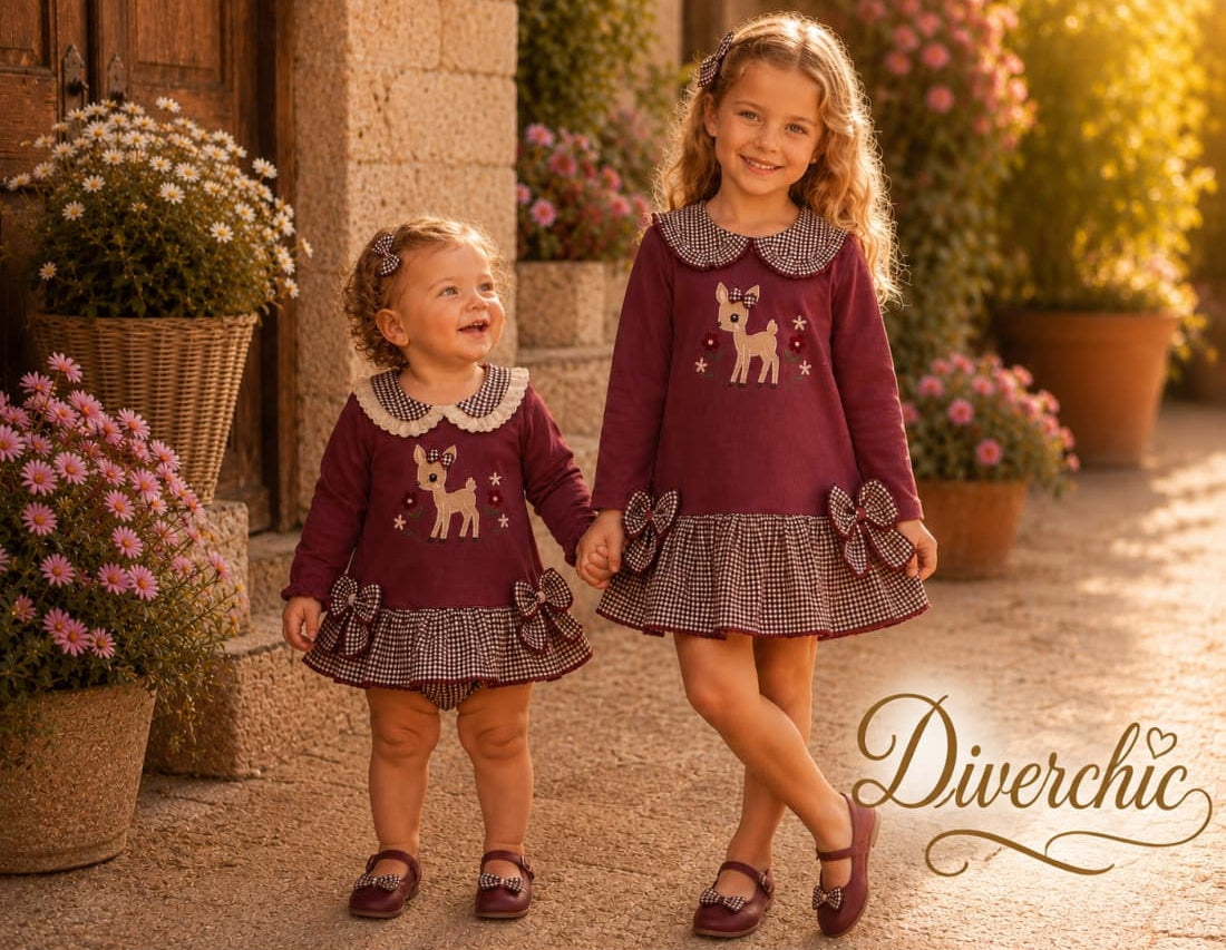 Conjunto de bebé niña de dos piezas con vestido cervatillo y braguita cubrepañal vichy Diverchic 622104002