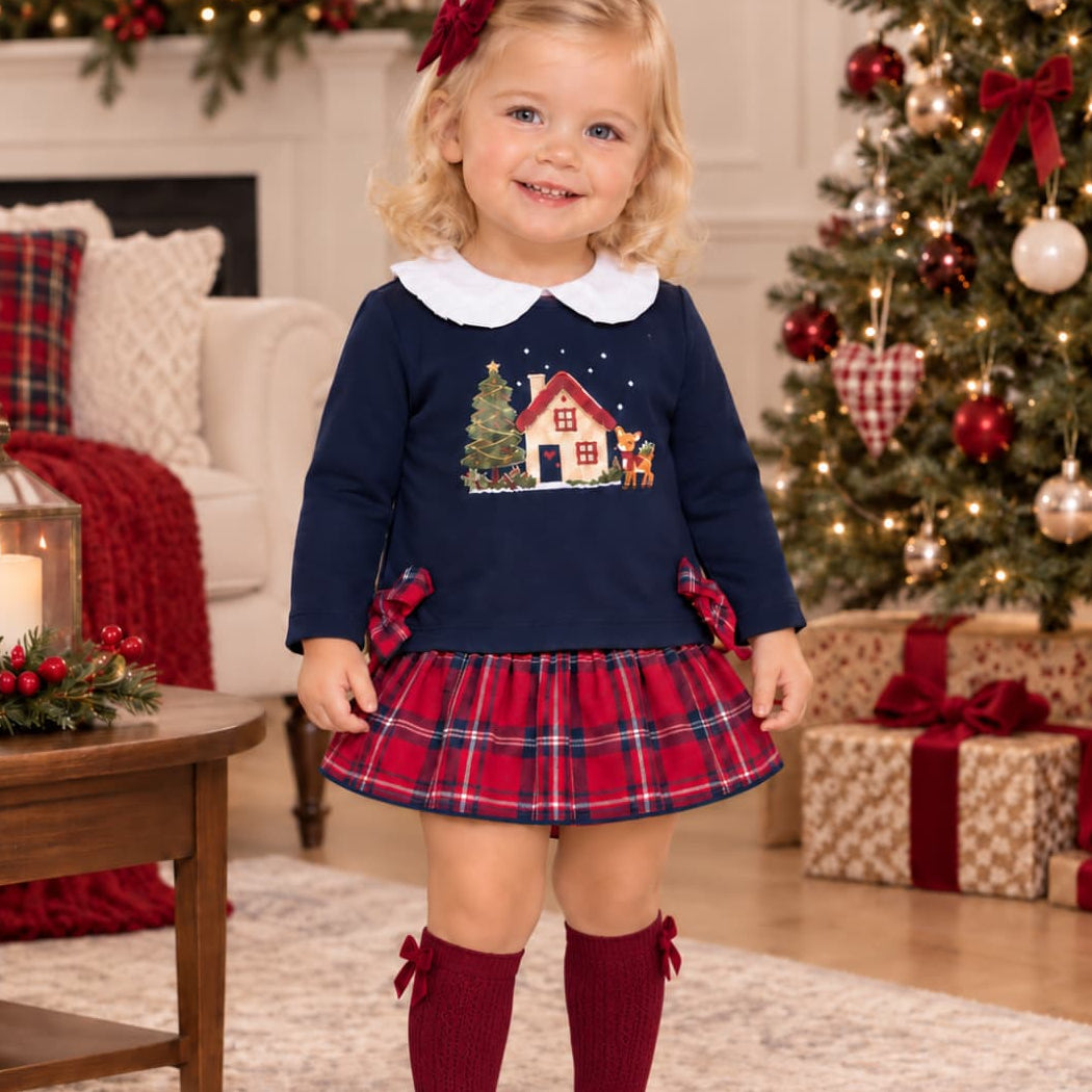 Conjunto de bebé niña Navidad azul marino con ilustración de casita navideña y árbol Alma Petit Referencia 622108024 - Confección española