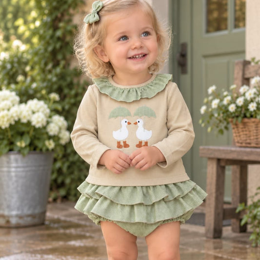 Conjunto de bebé niña de dos piezas con sudadera de ocas y braguita de volantes vichy verde Alma Petit Referencia 622108019 (Modelo 8019)