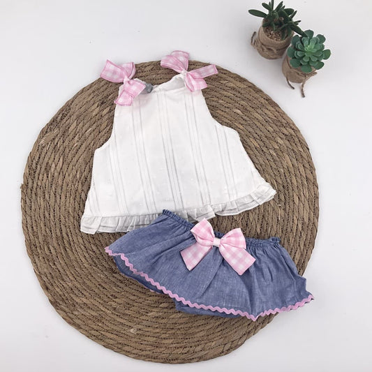 Conjunto bebé niña plumeti con falda y lazos ALMA PETIT 622005023 – Fresco, delicado y con acabado cuidado