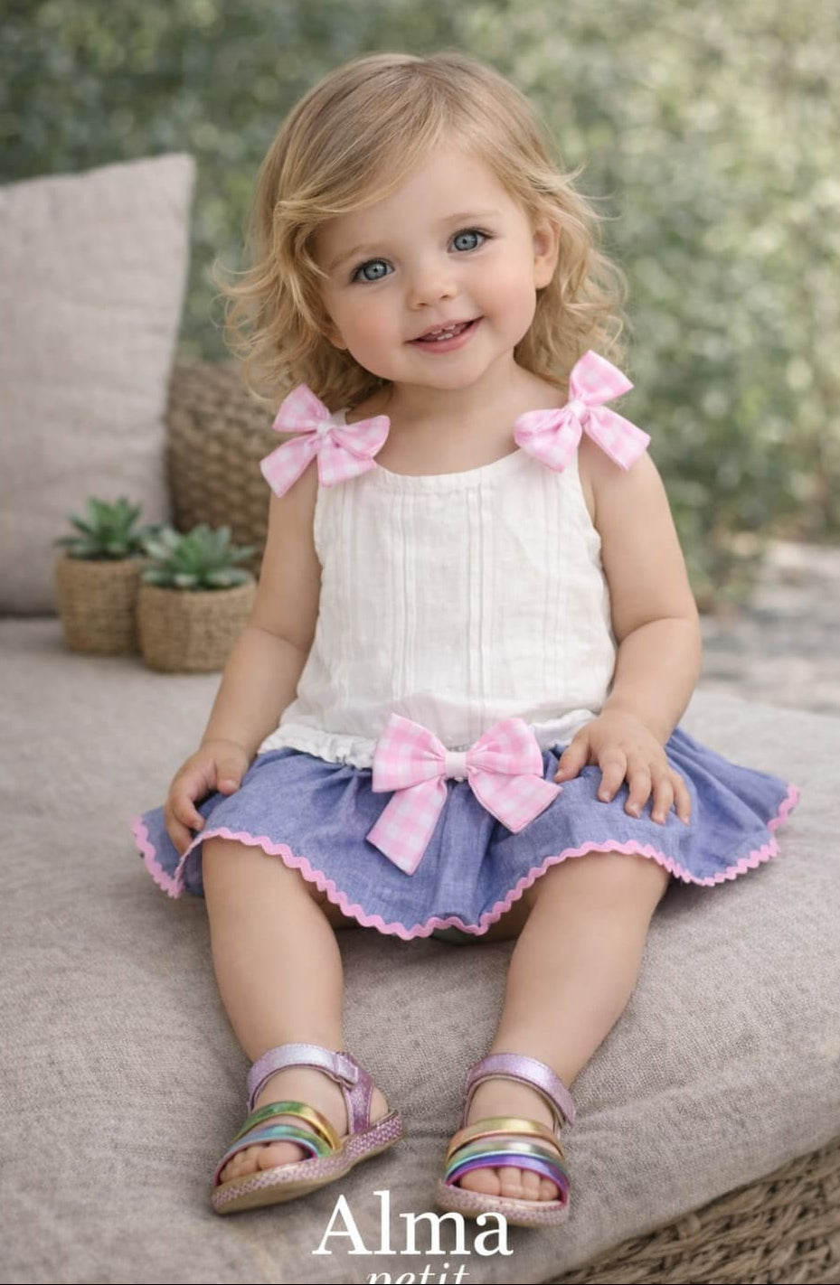 Conjunto bebé niña plumeti con falda y lazos ALMA PETIT 622005023 – Fresco, delicado y con acabado cuidado