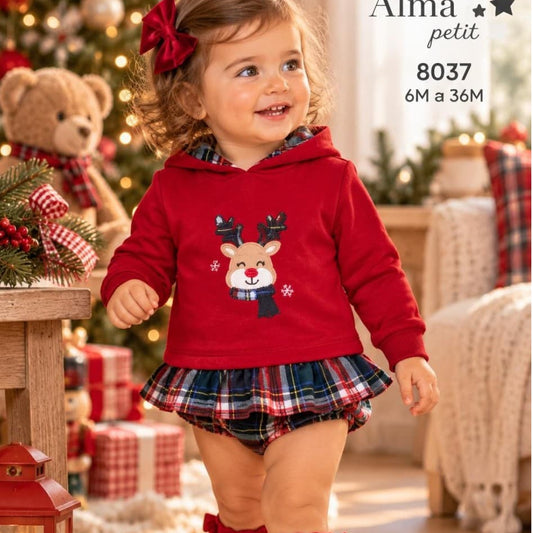 Conjunto de Navidad para bebé niña con sudadera roja de reno y braguita de viella a cuadros Alma Petit 622108037 (Modelo 8037)