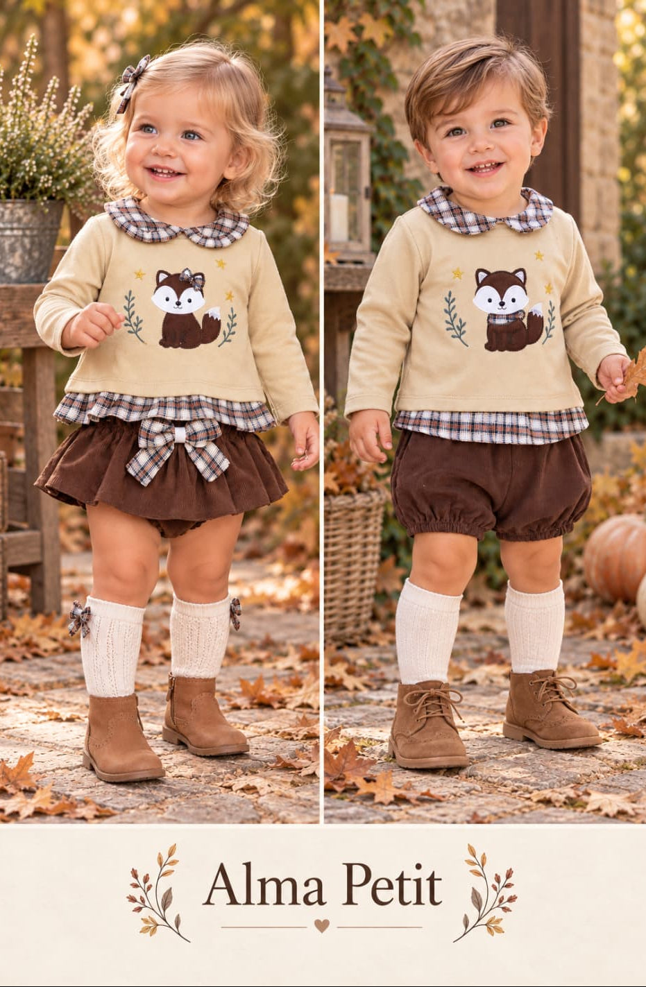 Conjunto de bebé niña de dos piezas con sudadera de zorrito y falda-bombacho marrón Alma Petit Referencia 622180170 (Modelo 8018)