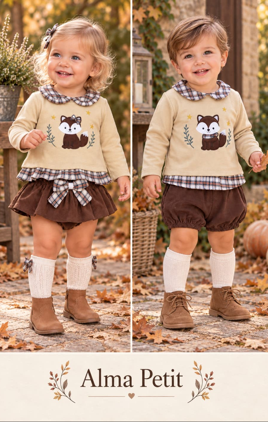 Conjunto de bebé niño de dos piezas con sudadera de zorro y pololo de micropana marrón Alma Petit Referencia 622108018 (Modelo 8018)