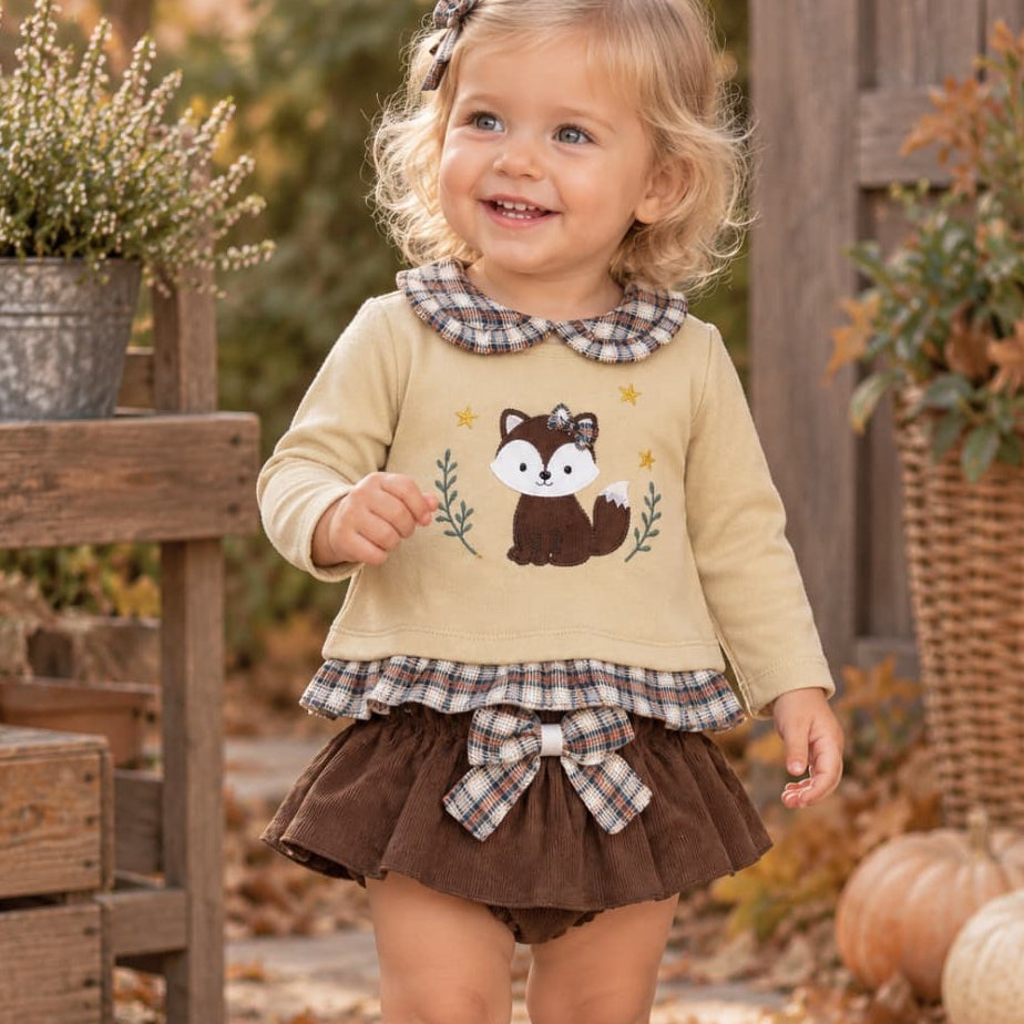 Conjunto de bebé niña de dos piezas con sudadera de zorrito y falda-bombacho marrón Alma Petit Referencia 622180170 (Modelo 8018)