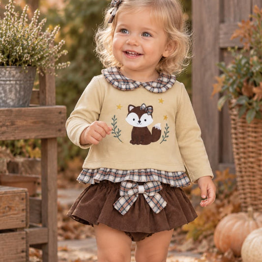 Conjunto de bebé niña de dos piezas con sudadera de zorrito y falda-bombacho marrón Alma Petit Referencia 622180170 (Modelo 8018)