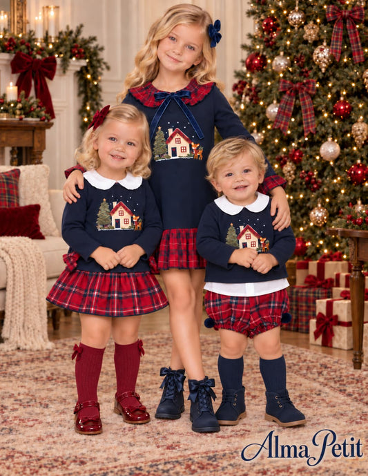Conjunto de bebé niño Navidad con sudadera marino casita y bombacho escocés Alma Petit Referencia 622108025 (Modelo 8025) - Confección española