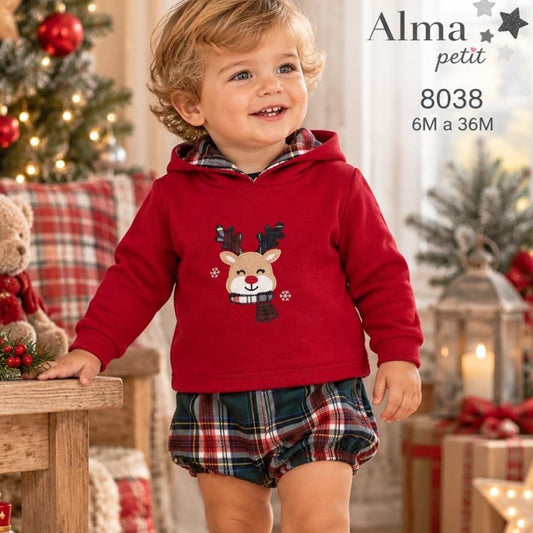 Conjunto de Navidad para bebé niño con sudadera roja de reno y bombacho de viella a cuadros Alma Petit 622108038 (Modelo 8038)