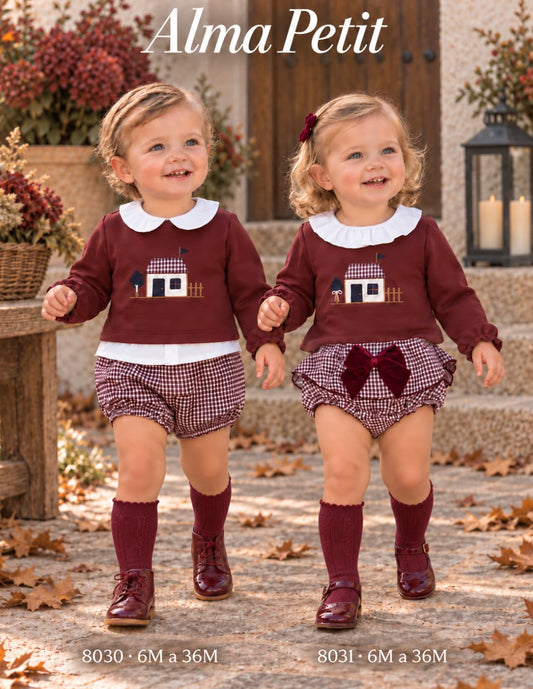 Conjunto de bebé con sudadera burdeos bordada de casita y bombacho vichy forrado Alma Petit Referencia 622108030 (Modelo 8030)