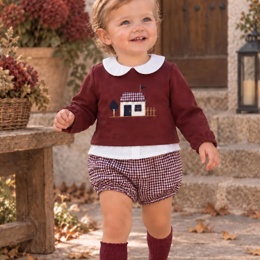 Conjunto de bebé con sudadera burdeos bordada de casita y bombacho vichy forrado Alma Petit Referencia 622108030 (Modelo 8030)
