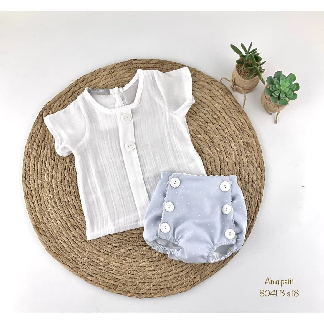 Conjunto bebé niño camisa de bambula y culetín de piqué con lunares – Alma Petit 522008041