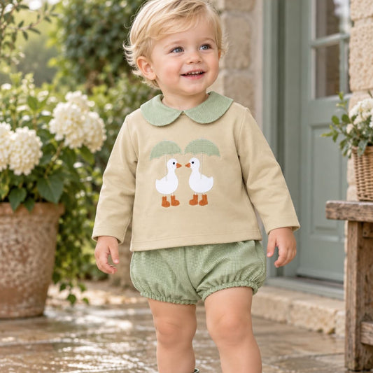 Conjunto de bebé niño de dos piezas con sudadera de patitos y culetín vichy verde Alma Petit Referencia 622108020 (Modelo 8020)