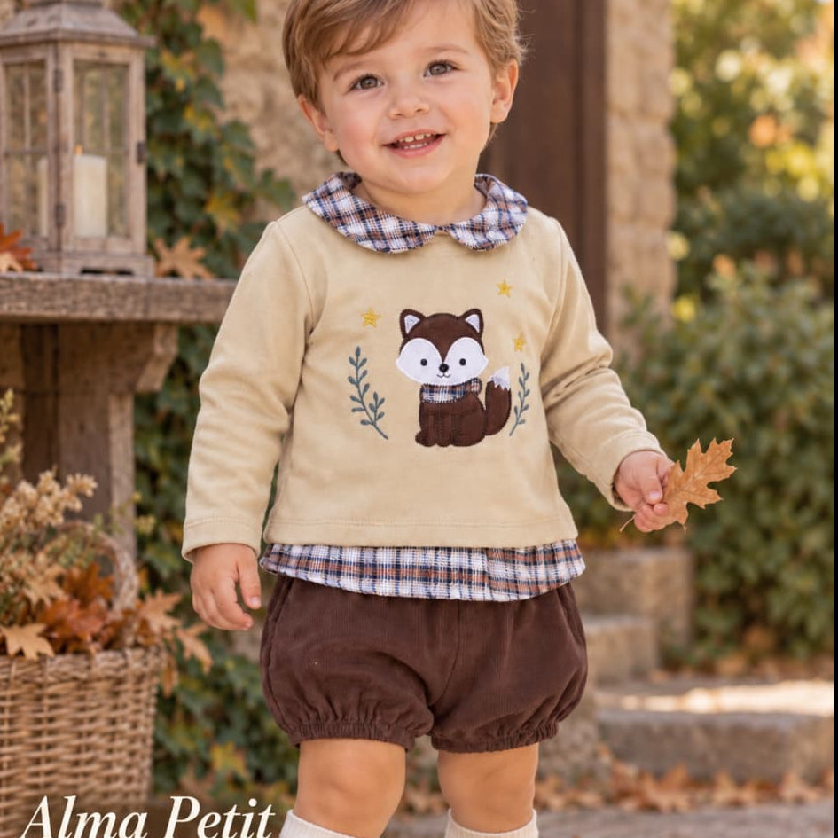 Conjunto de bebé niño de dos piezas con sudadera de zorro y pololo de micropana marrón Alma Petit Referencia 622108018 (Modelo 8018)